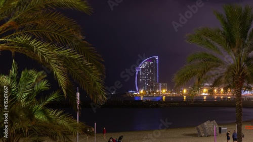night illuminated barcelona city famous public beach panorama 4k timelapse andorra photo
