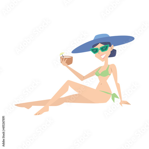 Isolated summer female character with bikini and a cocktail Vector illustration