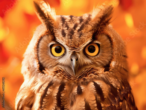 An owl is sitting by a leafy background