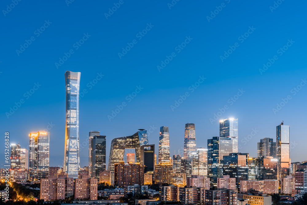 High angle view night view scenery of Guomao CBD buildings in Beijing, China