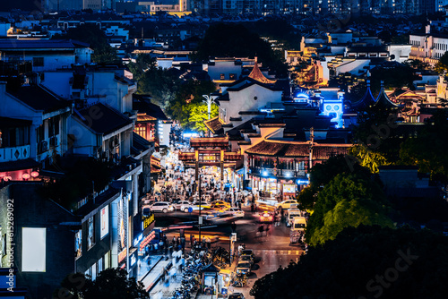 High angle view night view of Qinhuai River Gongyuan Street, Confucius Temple, Nanjing, Jiangsu, China