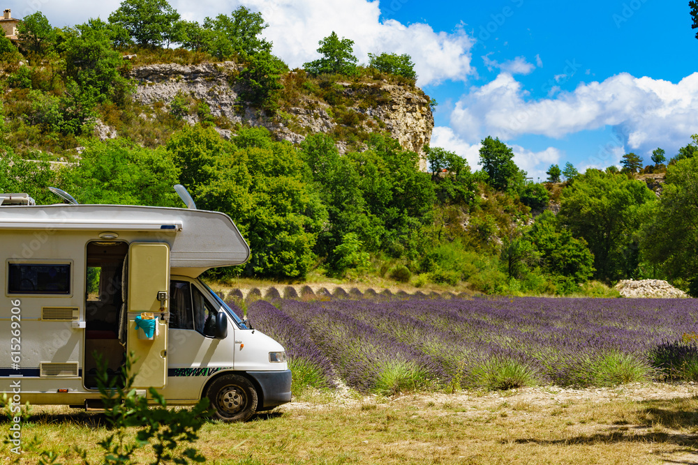 Caravan camping at lavender field, France Caravan camping at lavender field, France