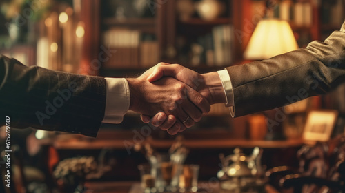 Two businessmen shaking hands in front of a group of people