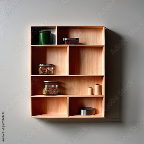 a wooden shelf with jars and containers on it, generative AI. © Absolutely Stunning