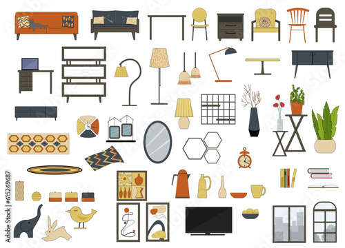 A set of elements for the design of a living room and a study. A sofa with a cat, carpet and pillows, wardrobes, a table with chairs, figurines and flowers. Modern design. Vector. For advertising