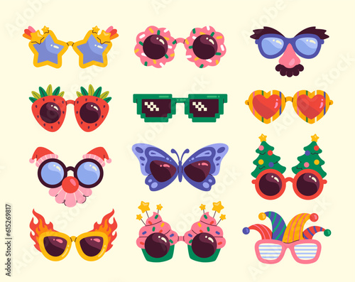 Funny glasses set. Masquerade eyeglasses on nose in form of clown, Christmas tree, strawberries and cake. Carnival masks for fancy party. Cartoon flat vector collection isolated on white background