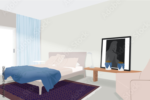 DORMITORIO CON FOTOGRAFÍA ARTÍSTICA, CORTINAS Y JARRONES DE LUJO