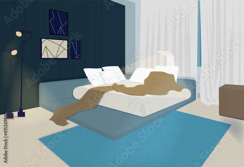 DORMITORIO ELEGANTE CON CUADROS ATÍSTICOS, VENTANAS Y LUCES