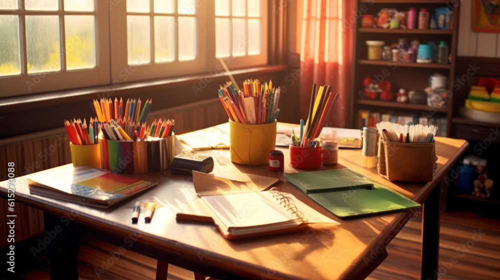 Concept to teacher's day. Back to school. Pens, pencils, books backpack on the table. Created with Generative AI technology. Concept to teacher's day. Back to school. Pens, pencils, books backpack on the table. Created with Generative AI technology.