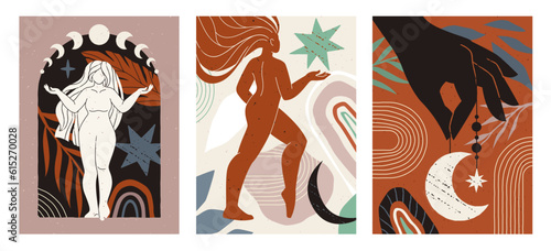 Esoteric posters set. Sacred magical goddess in boho style. Abstract mythical banners with woman healing meditation and zen. Tarot, Reiki and spirituality concept. Cartoon flat vector illustrations