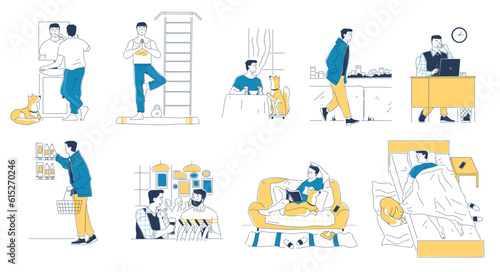 Daily life of man. Alone male character do yoga, brushing teeth, working in office, shopping in supermarket and reading book. Routine and habits. Linear flat vector isolated on white background