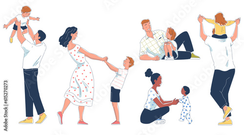 Parents and children set. Mom and dad playing, talking and walking with their son and daughter. Happy family character spends time together. Linear flat vector collection isolated on white background