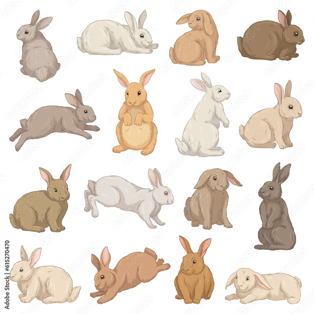 Obraz premium Cute hares set. Colorful rabbits with ears lie, jump, sit and run. Funny farm or forest animals. Fluffy grey, white and brown bunnies. Cartoon flat vector collection isolated on white background