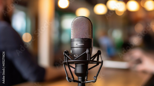 Podcast microphone with person interviewing guest background