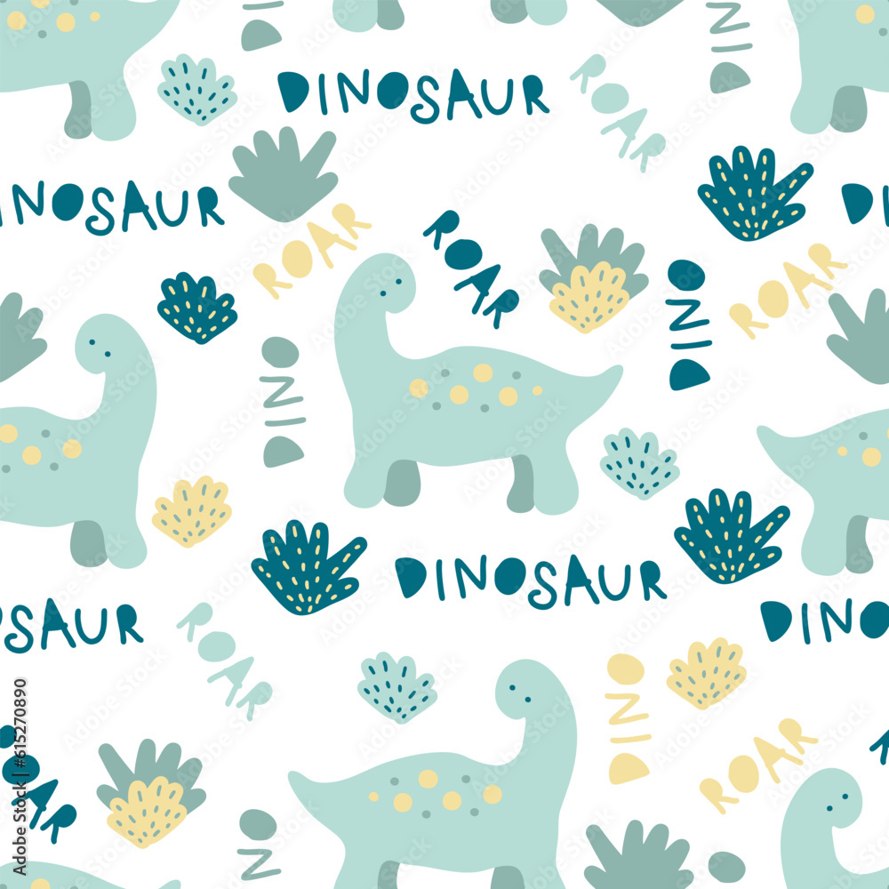 Childish seamless pattern with little dinosaurs. Cute baby print for tee, textile and fabric. Hand drawn vector illustration for decor and design.