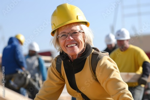 woman working on a construction site, construction hard hat and work vest, smiling, middle aged or older