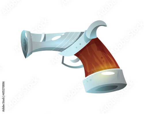 Pirate color icon. Firearms sticker for website and social media. Antique metal revolver or pistol for masquerade costume party. Cartoon flat vector illustration isolated on white background