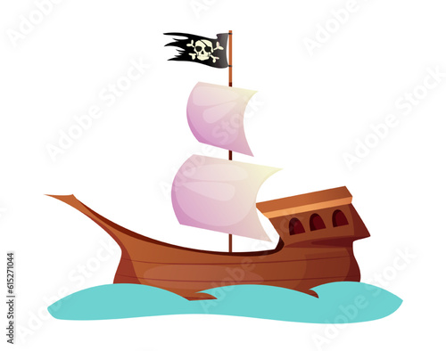 Pirate color icon. Wooden sea ship with black flag and skull with bones or Jolly Roger. Robber ship with white sails floats on water. Cartoon flat vector illustration isolated on white background