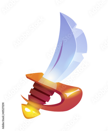 Pirate color icon. Steel saber with wooden handle from fairy tales. Weapon, sword and knife concept. Theatrical props for costume party. Cartoon flat vector illustration isolated on white background