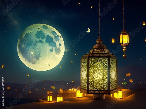 Islamic, Muslim, Eid Alfitr of lanterns moon with a background Free Download 