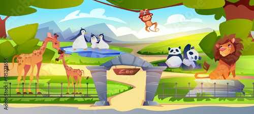 Fototapeta Naklejka Na Ścianę i Meble -  Zoo with animals. Natural outside park with mammals, giraffes, lion, monkey and pandas. Leisure for children and adults. Banner with wild life and green plants. Cartoon flat vector illustration