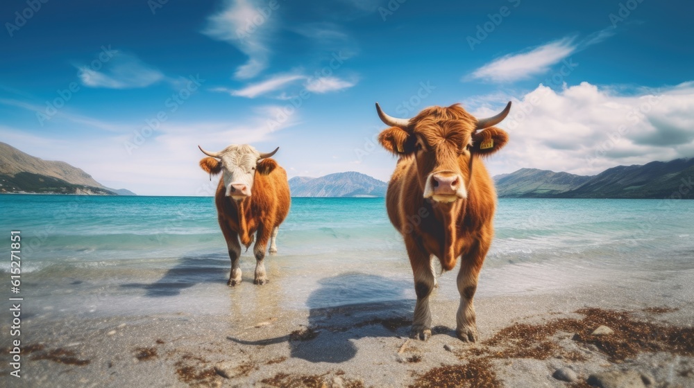 A cow in the beach generative ai