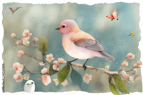 Colourful birds on sticks blooming trees with flowers. Concept of painting technique isolated on white background in canvas. watercolour illustration made with Generative AI