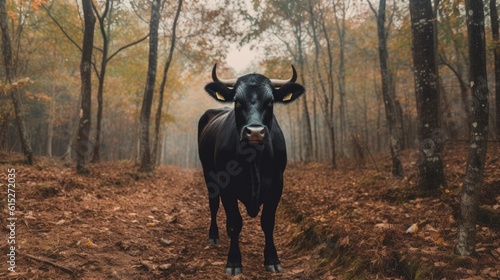 A black cow in the forest generative ai © Francheska