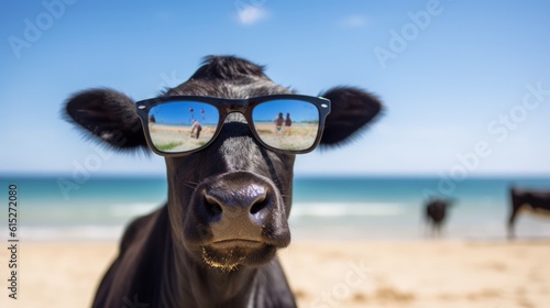 A black cow with glasses on the beach generative ai © Francheska