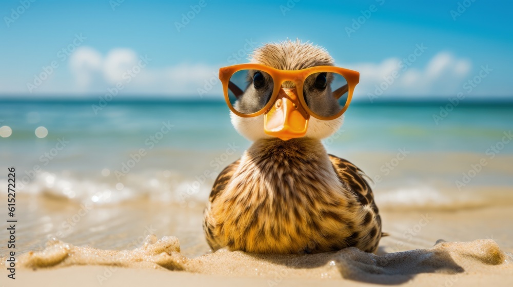 A duck with sunglasses in the beach generative ai