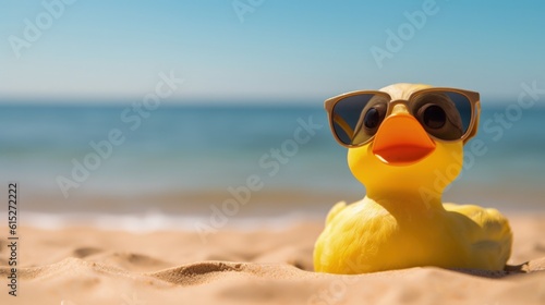 A duck with sunglasses in the beach generative ai