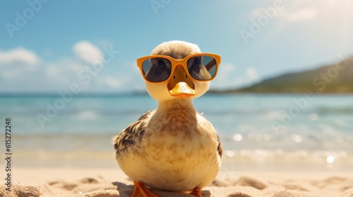 Photographie A duck with sunglasses in the beach generative ai