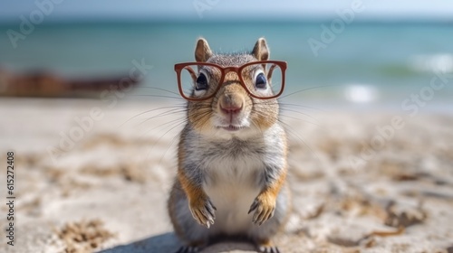 A squirrel with glasses in the beach generative ai © Francheska