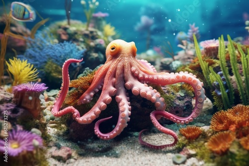 Beautiful octopus at the bottom of the sea. AI generated, human enhanced.