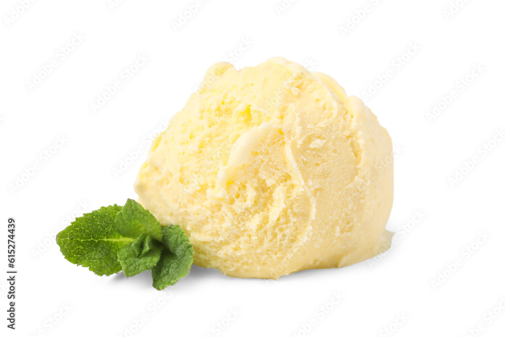 Scoop of delicious vanilla ice cream and mint isolated on white Scoop of delicious vanilla ice cream and mint isolated on white