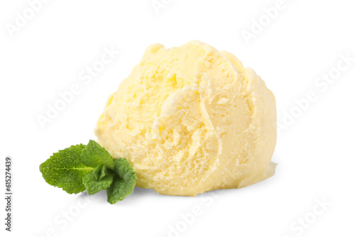 Scoop of delicious vanilla ice cream and mint isolated on white