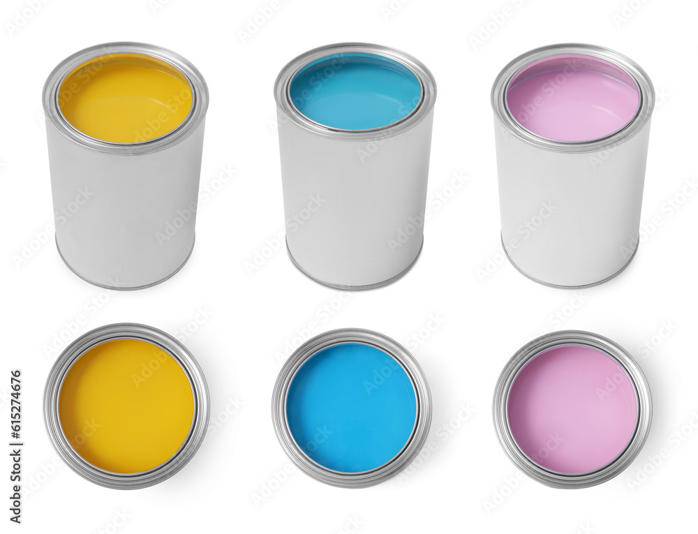Yellow, light blue and pink paints in cans isolated on white, collage with top and side views Yellow, light blue and pink paints in cans isolated on white, collage with top and side views