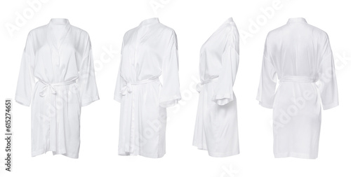 Collage with clean silk bathrobe on white background, different views