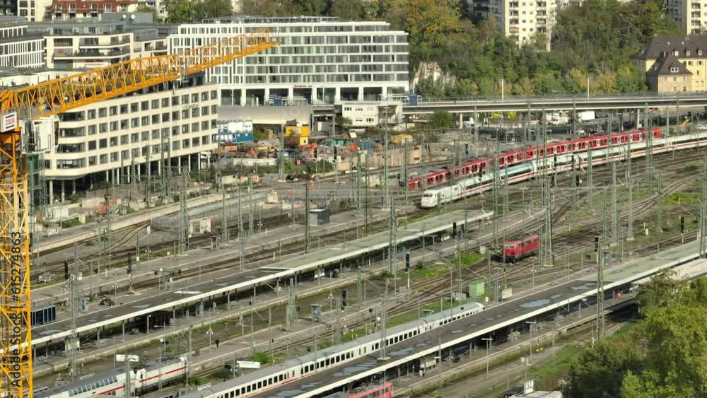 sunny day stuttgart city center traffic railways train station area aerial panorama 4k germany sunny day stuttgart city center traffic railways train station area aerial panorama 4k germany