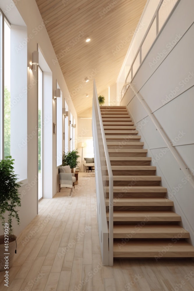 Interior of modern house, living room with wooden stairs. Scandinavian style. created with Generative AI