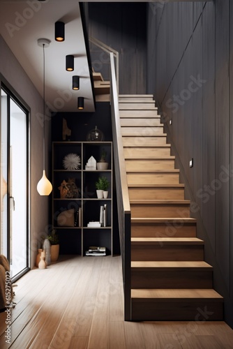 Interior of modern living room with wooden staircase and bookshelf. Scandinavian style. created with Generative AI