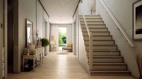 Modern living room interior with stairs and furniture. Scandinavian style. created with Generative AI © drixe