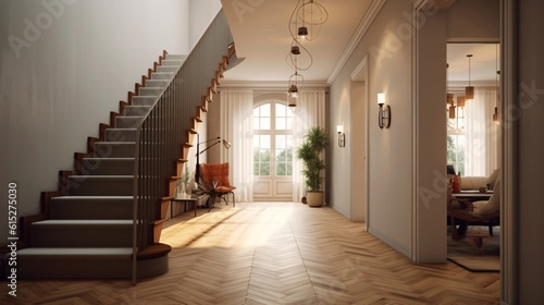 Interior of a modern living room with wooden stairs. Scandinavian style. created with Generative AI © drixe