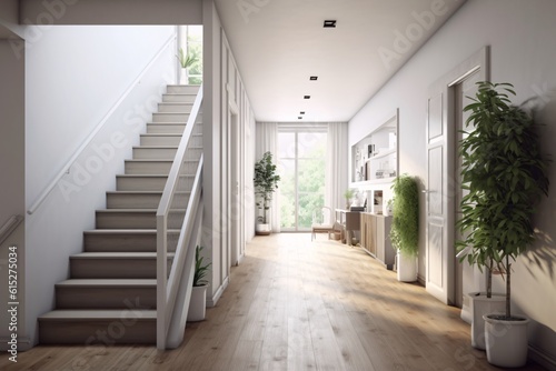 Interior of modern bright living room with white walls, wooden floor and white staircase. Scandinavian style. created with Generative AI © drixe