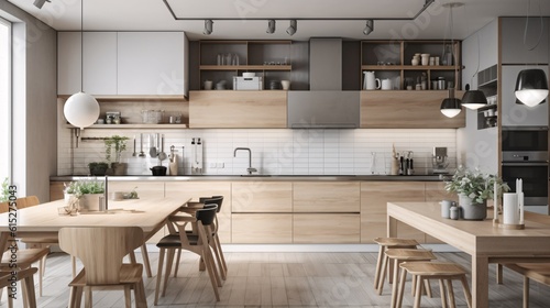 Interior of modern kitchen with white and wooden walls  floor  white cupboards and bar with stools. Scandinavian style. created with Generative AI