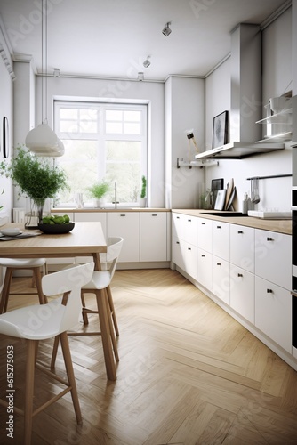 Interior of modern kitchen with white walls, parquet floor and white cupboards. Scandinavian style. created with Generative AI © drixe