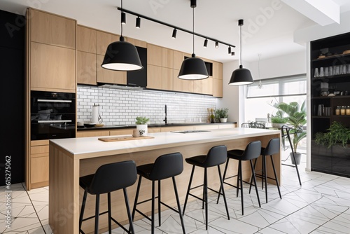 Interior of modern kitchen with white brick walls, tiled floor, wooden countertops and black bar with stools. Scandinavian style. created with Generative AI