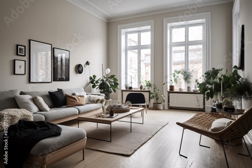 Living room interior with sofa  armchair  coffee table and plants. Scandinavian style. created with Generative AI