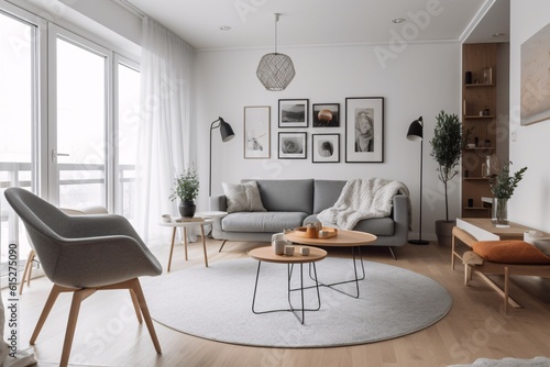 Modern living room interior design with grey sofa, coffee table, coffee table and posters. Scandinavian style. created with Generative AI