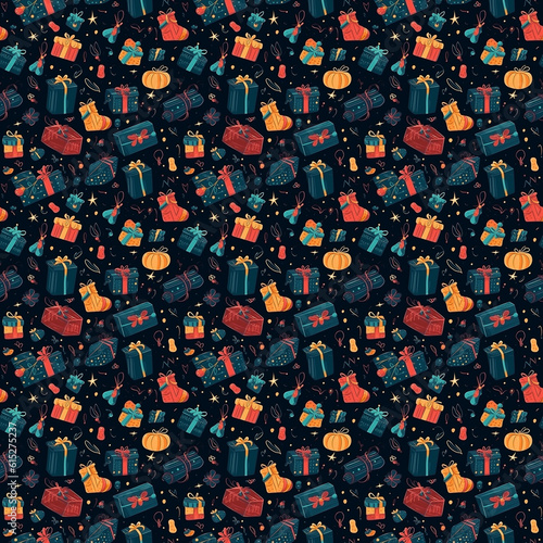 Seamless pattern with gift boxes. illustration in cartoon style. created with Generative AI